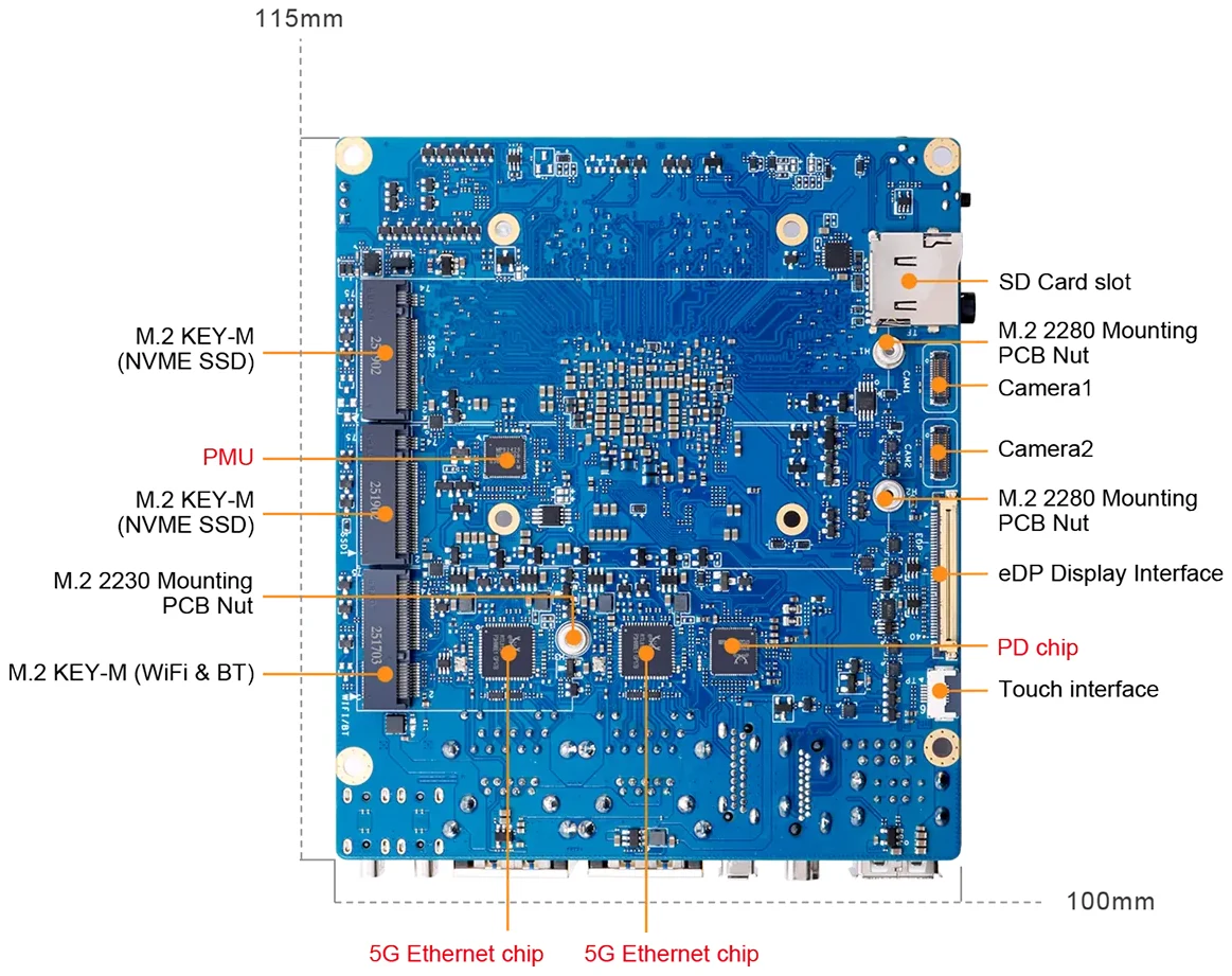 Orange Pi 6 Plus bottom view with labelled M.2 slots and components