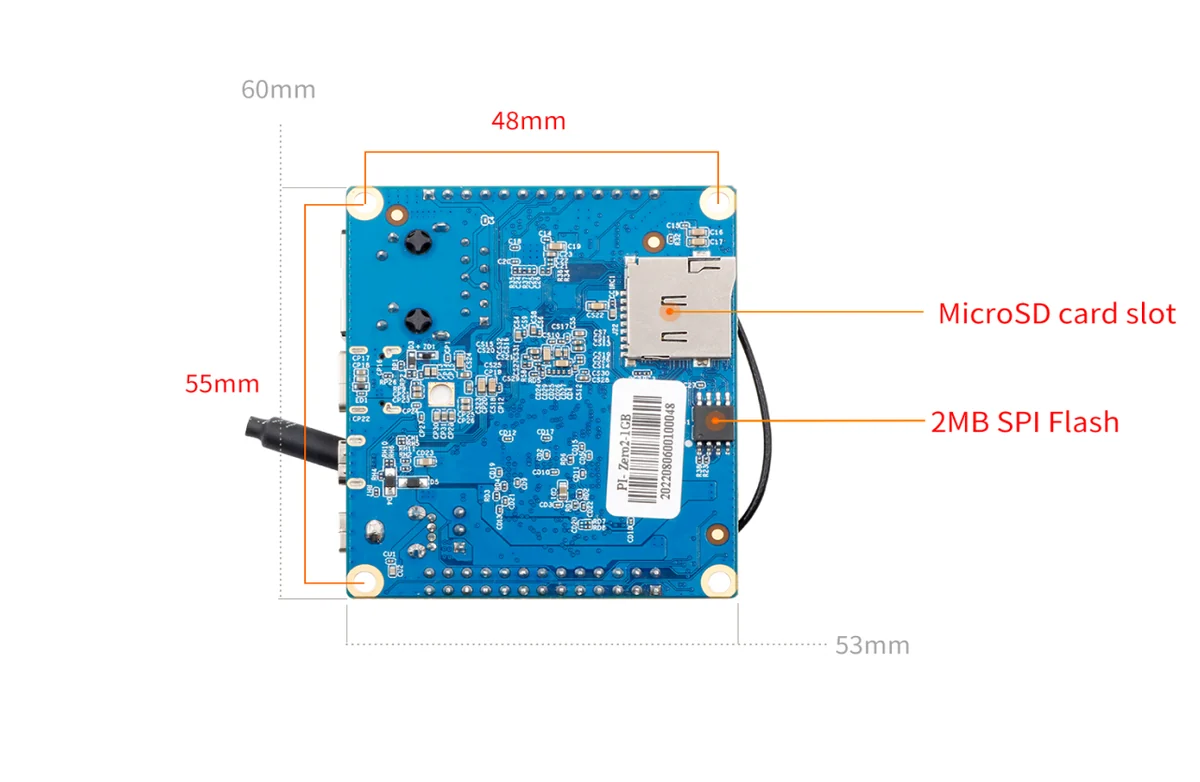 Orange Pi Zero 2 bottom view with dimensions